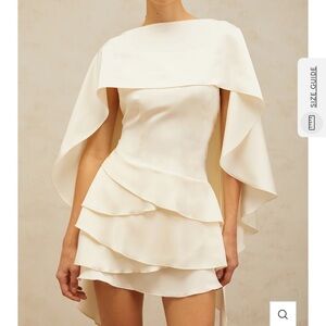 Lyna White Satin Ruffled Mini Dress with Shawl Panel Detail